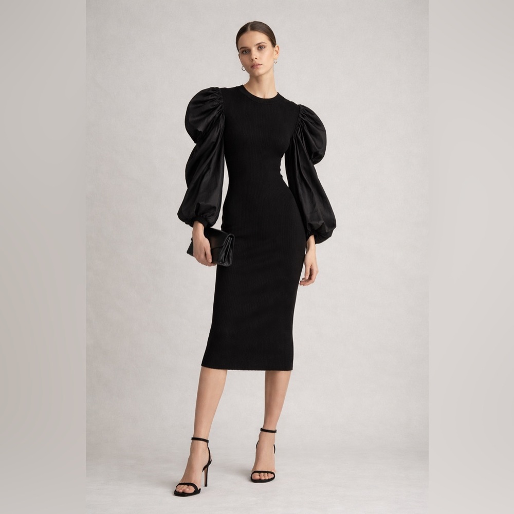 Jealous Tomato Black Puff Sleeve Knit Dress M Statement Midi